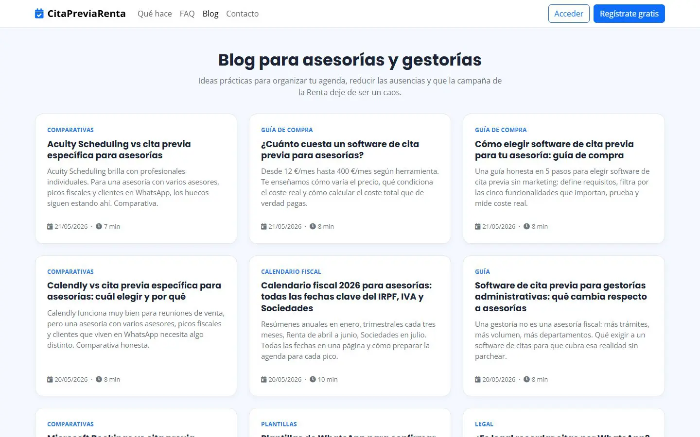 Blog de captación SEO con 17+ artículos sobre cita previa para asesorías
