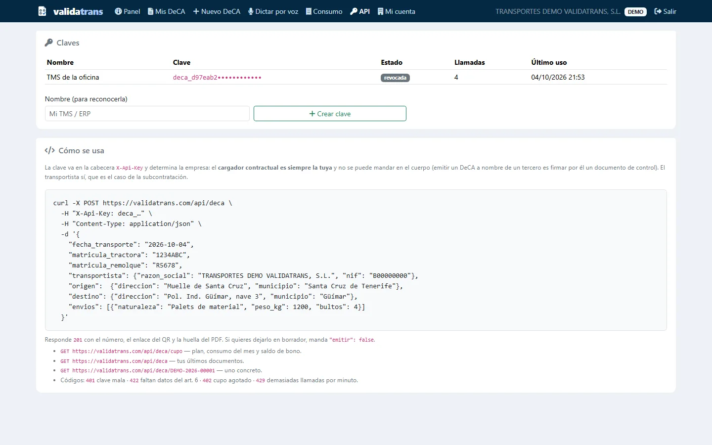 Claves de API de ValidaTrans y ejemplo de llamada para emitir un DeCA desde un TMS