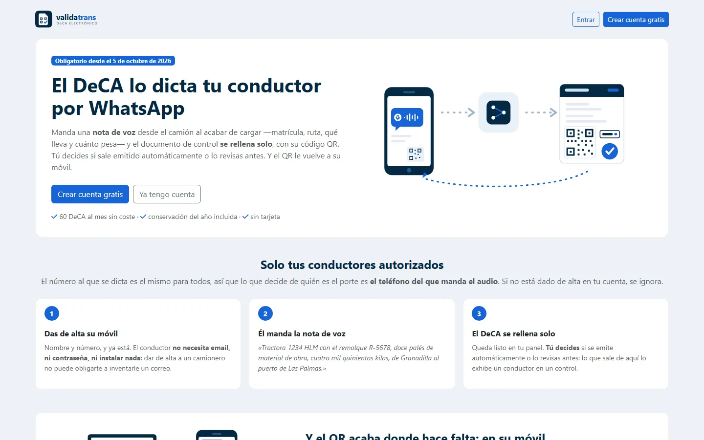 Portada pública de ValidaTrans: el DeCA lo dicta tu conductor por WhatsApp