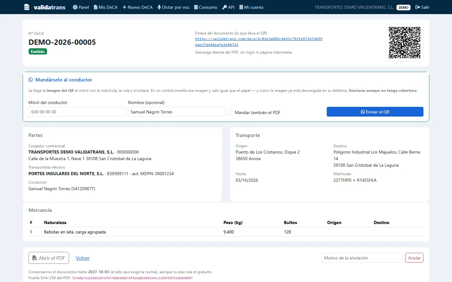 Ficha de un DeCA emitido con su QR y el envío al móvil del conductor