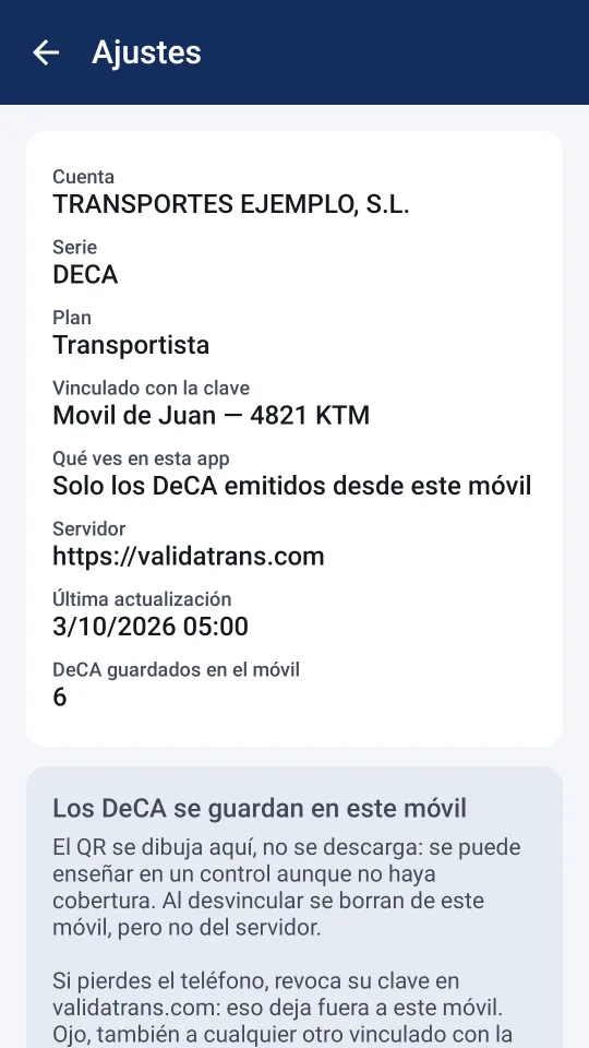Ajustes de la app: cuenta, serie, plan, clave con la que se vinculó el móvil y opción de desvincular
