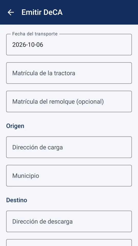 Formulario de emisión manual: fecha del transporte, matrícula de la tractora y del remolque, origen y destino