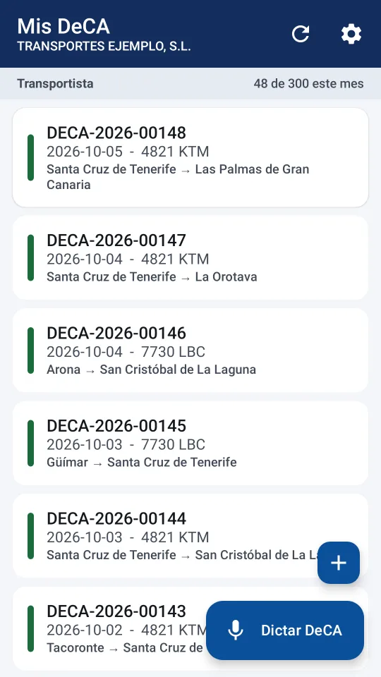 Lista de DeCA guardados en el móvil, con número, fecha, matrícula y ruta, y el consumo del mes arriba