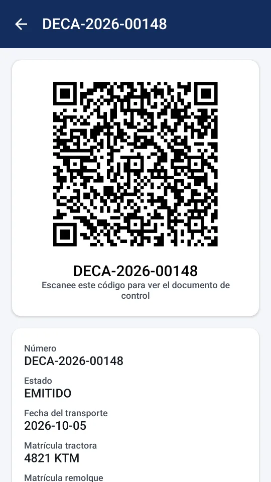Un DeCA emitido con su código QR dibujado en el móvil y sus datos debajo