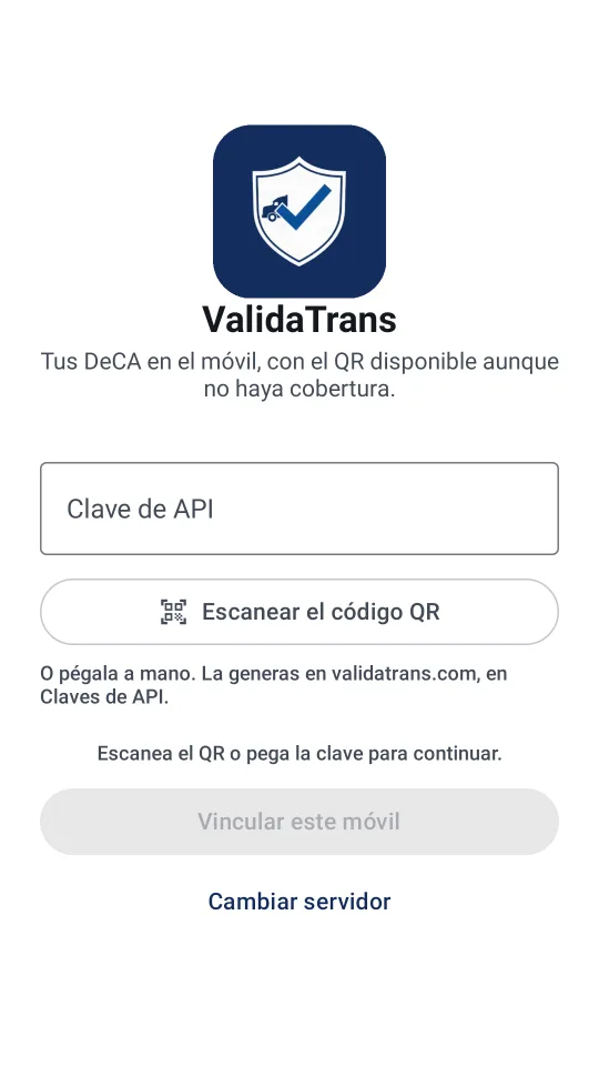 Pantalla inicial de la app ValidaTrans: pegar la clave de API o escanear el código QR para vincular el móvil